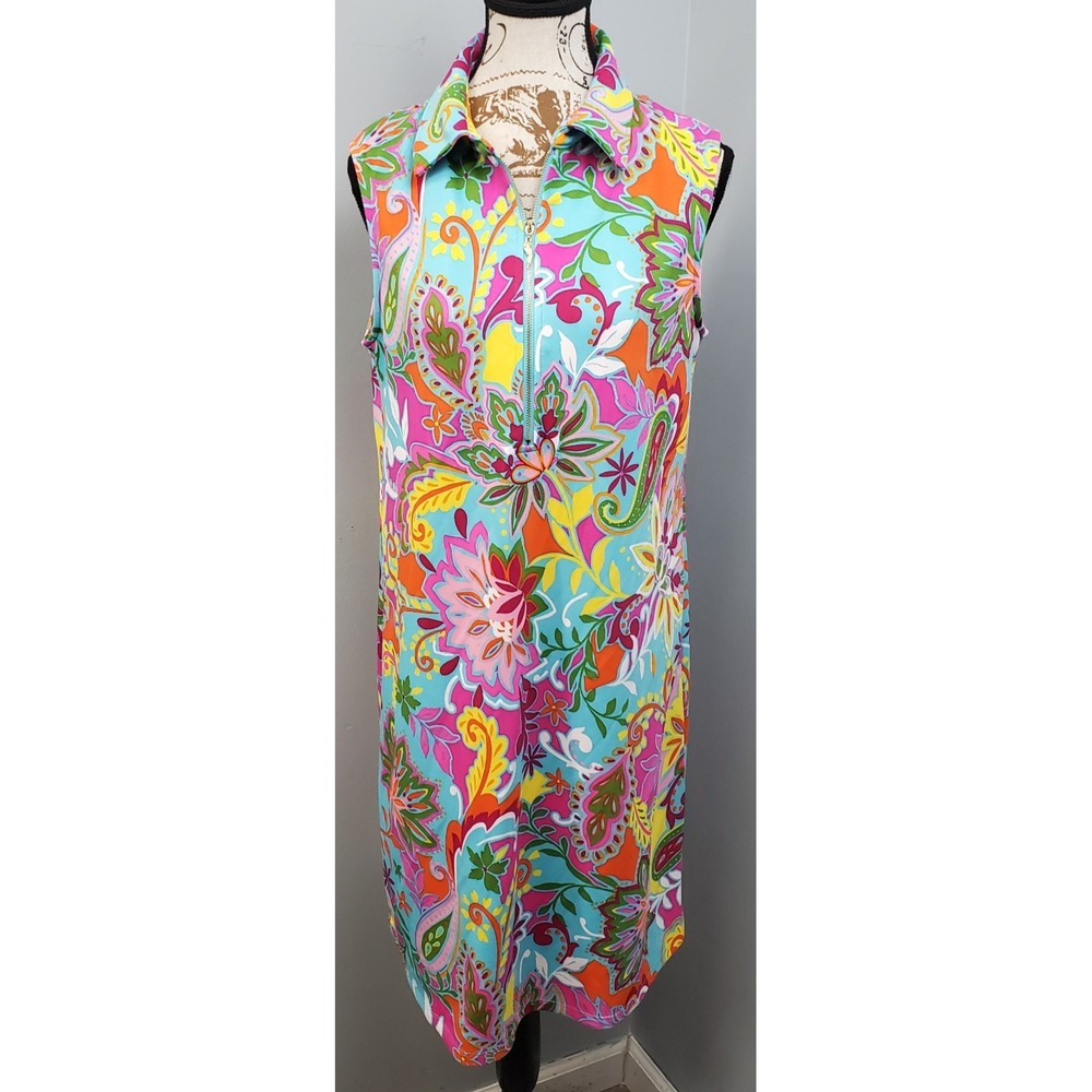 Cappagallo Shift Dress Womens Medium Multi Paisley Floral Sleeveless 1/4 Zip